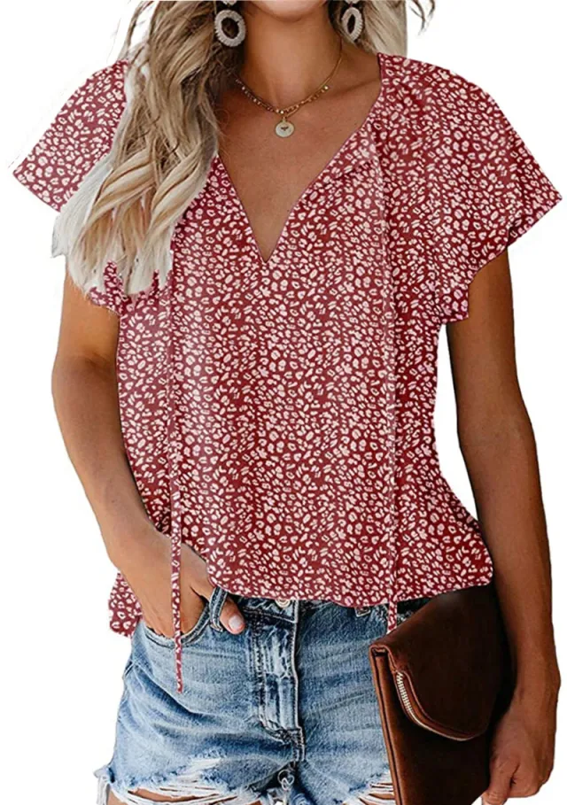 Floral Casual V neck Chiffon Shirt Loose And Simple Wine - Shop at LoveMi