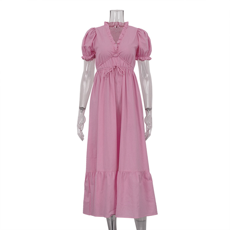 Summer Short Sleeve V neck Lace up Design Sense Temperament Leisure Long Dress Pink - Shop at LoveMi