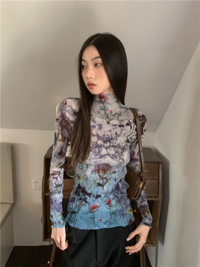 Irregular Pleated Printed Tencel Top - Shop at LoveMi