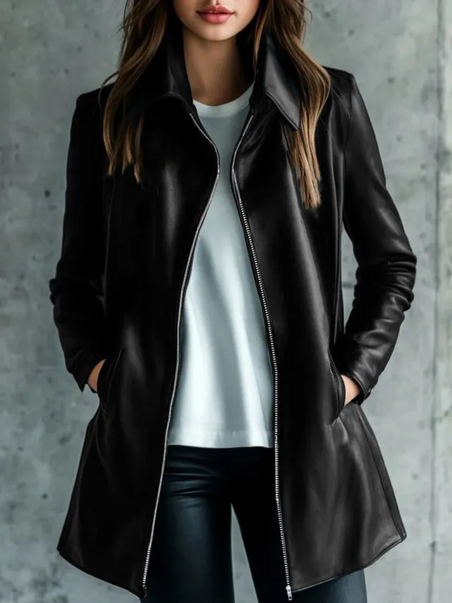 Women's Leather Jacket Elegant High grade Versatile Casual Black - Shop at LoveMi