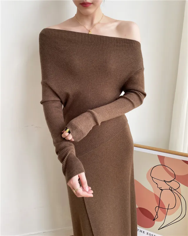 Autumn And Winter French Retro Cashmere Off shoulder Irregular Top Two piece Set Beige - Shop at LoveMi