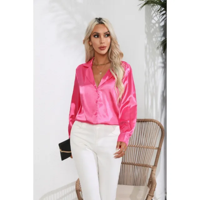 Suit Collar Satin Shirt For Women Rose - Shop at LoveMi