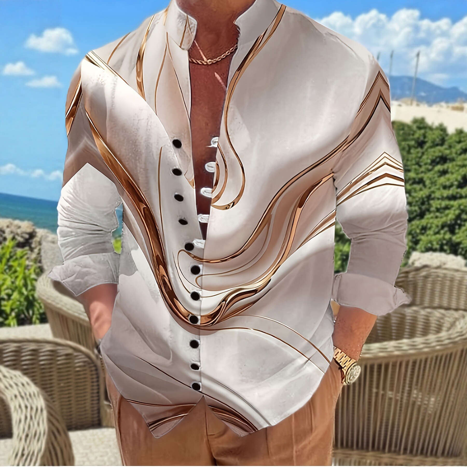 Cămașă bărbați cu mânecă lungă cu guler cu guler cu valuri aurii