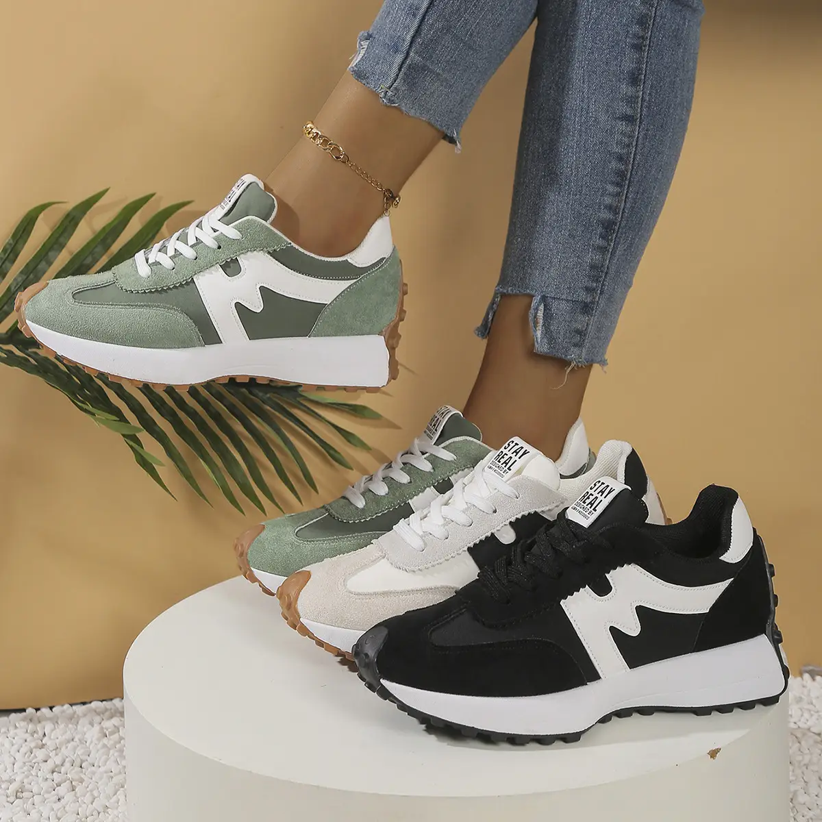 Womens Chunky-Soled Sneakers Lace-up Casual Shoes