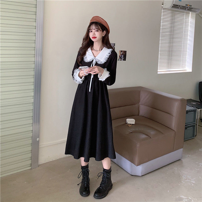 Elegant Doll Collar French Style Temperament Below The Knee Long Sleeve Dress Women