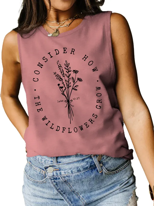 Consider How Flowers And Plants Letter Print Loose Vest Rose Gold - Shop at LoveMi