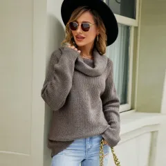 Women's Mid-length Sweater Autumn And Winter Loose Sweater Solid Colour Polo Collar Pullover Sweater - Grey - View 1