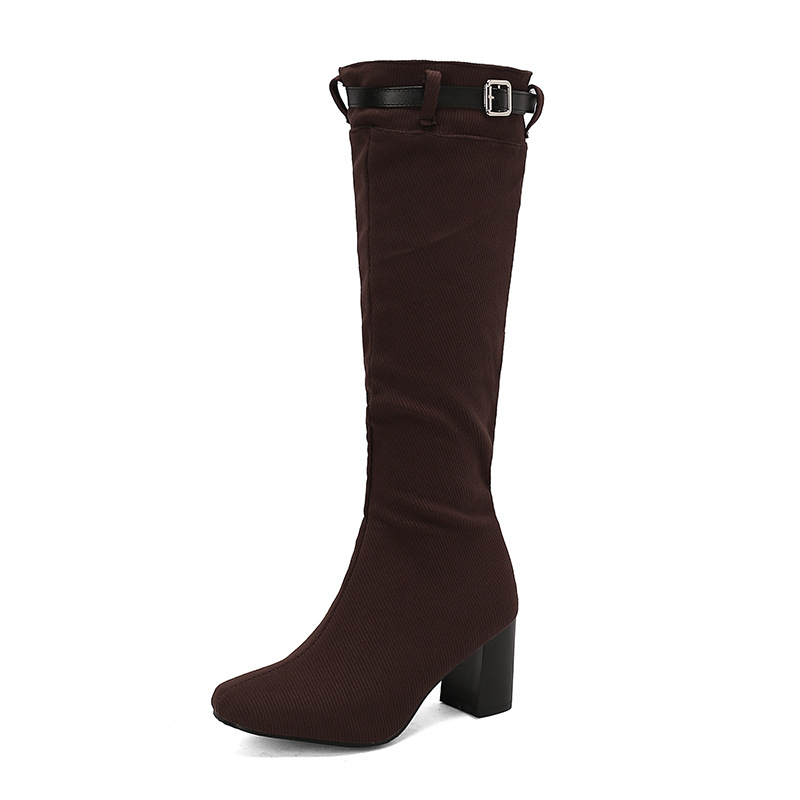 Chunky-heeled Over-the-knee Boots With Color-block Leather Belt Buckle