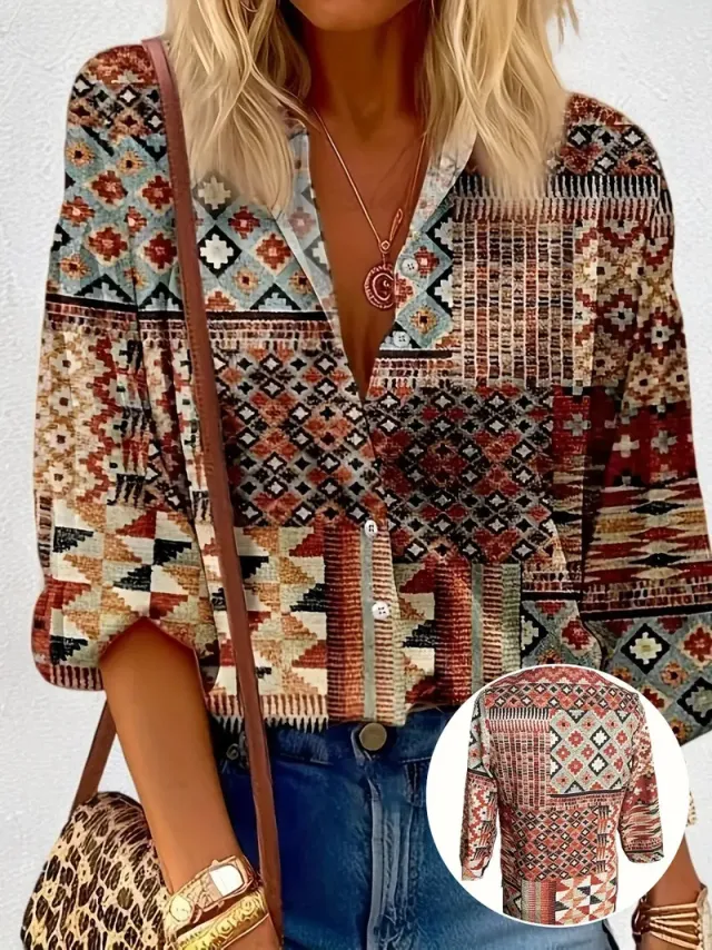 Women's Color Matching Casual Loose Button Digital Printing Shirt Style02 3Xl - Shop at LoveMi