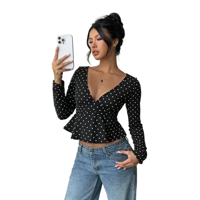 Retro Polka Dot V neck Waist cropped Long Sleeve T shirt Black - Shop at LoveMi