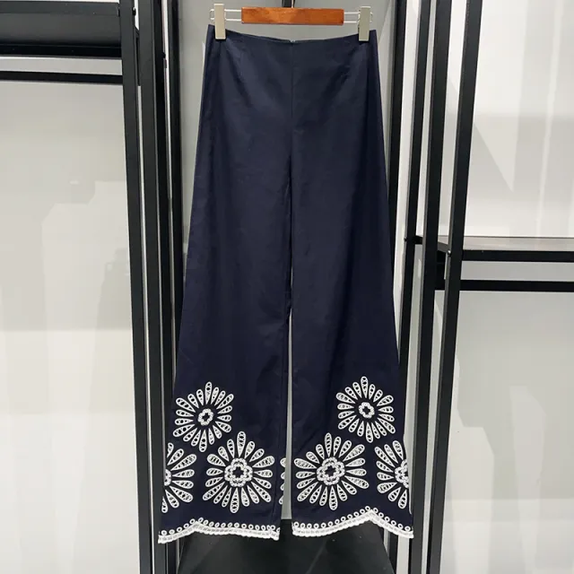 Spring And Summer Leisure Lapel Hollow SUNFLOWER Ethnic Style Wide Leg Pants Suit Trousers - Shop at LoveMi