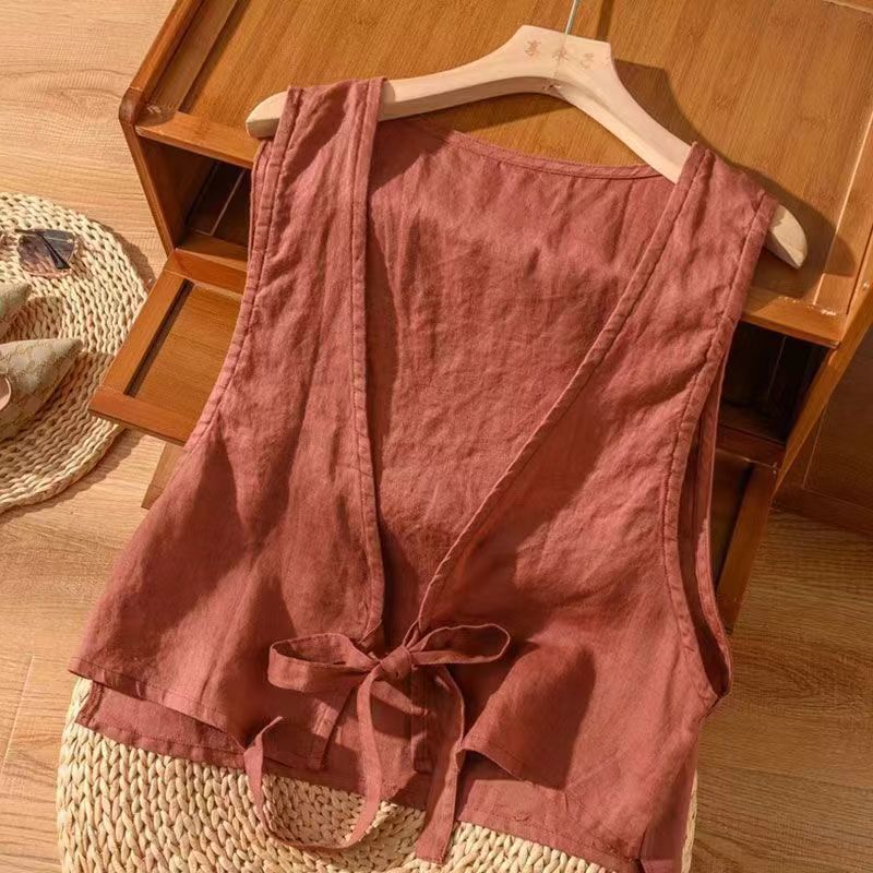 Versatile Ethnic-Style Cotton-Linen Solid-Color Lace-Up Vest Top For Women