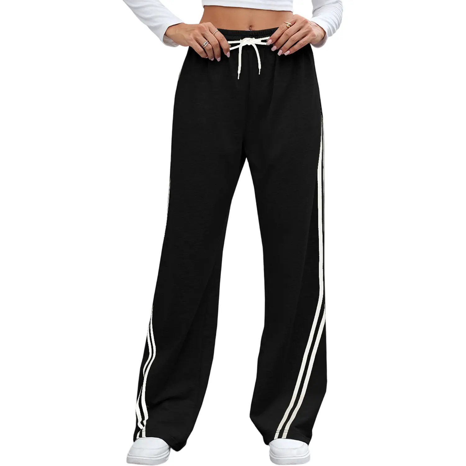 European And American Loose Straight Wide-leg Pants Stripes Lace Up Casual Sweatpants