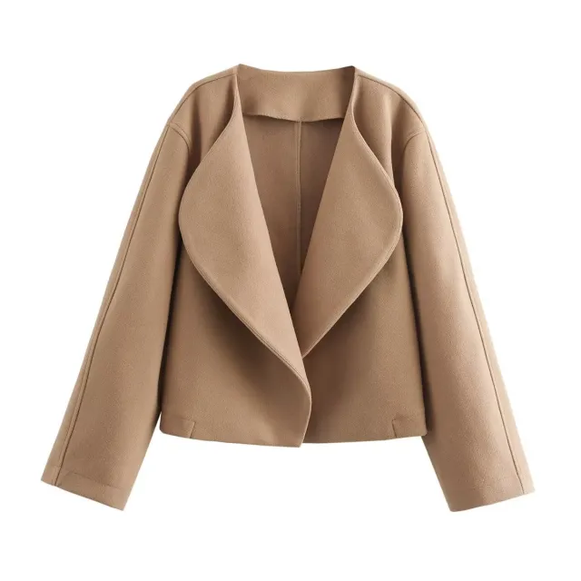 European And American Leisure Autumn And Winter Solid Color Lapel Double sided Woolen Cardigan Coat Khaki - Shop at LoveMi