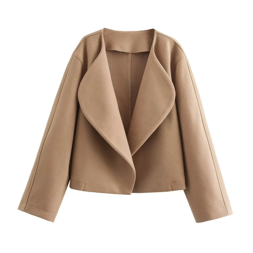 European And American Leisure Autumn And Winter Solid Colour Lapel Double-sided Woolen Cardigan Coat - Khaki