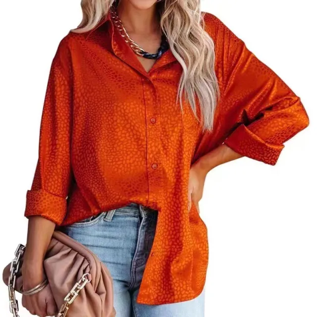 Women's Lapel Open Button Leopard Jacquard Shirt Red - Shop at LoveMi