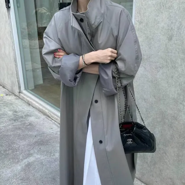 Autumn New Temperament Leisure Design Sense All matching Long Stand up Collar Tie Trench Coat Gray - Shop at LoveMi