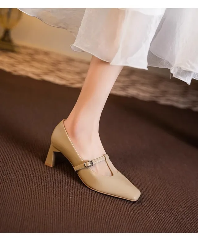 Square Toe Low cut Chunky Heel Mary Jane Shoes Apricot - Shop at LoveMi