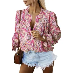 Women's Thin Bohemian Style Printed Ruffles V-neck Long Sleeve Shirt - Pink - View 1