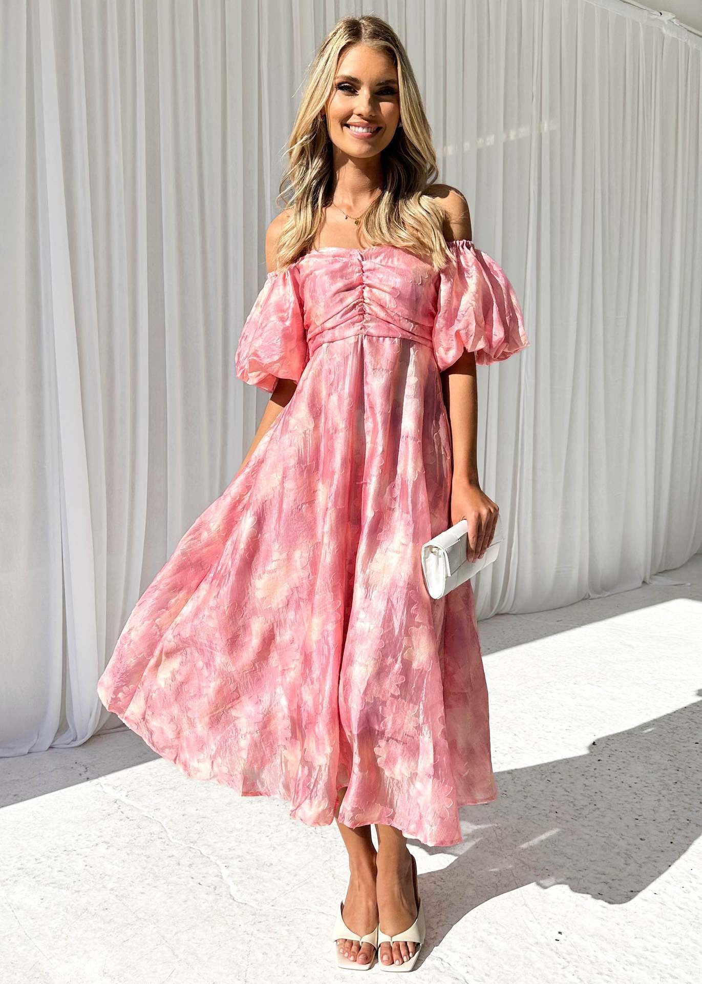 Spring And Summer Seaside Vacation Style Puff Sleeve Waist tight Dress Women Pink - Shop at LoveMi