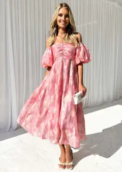 Spring And Summer Seaside Vacation Style Puff Sleeve Waist-tight Dress Women - Pink - View 1
