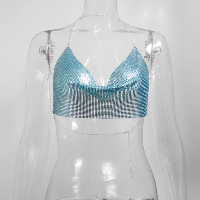 Sequined Personalized Metal Strap Top Lake Blue - Shop at LoveMi