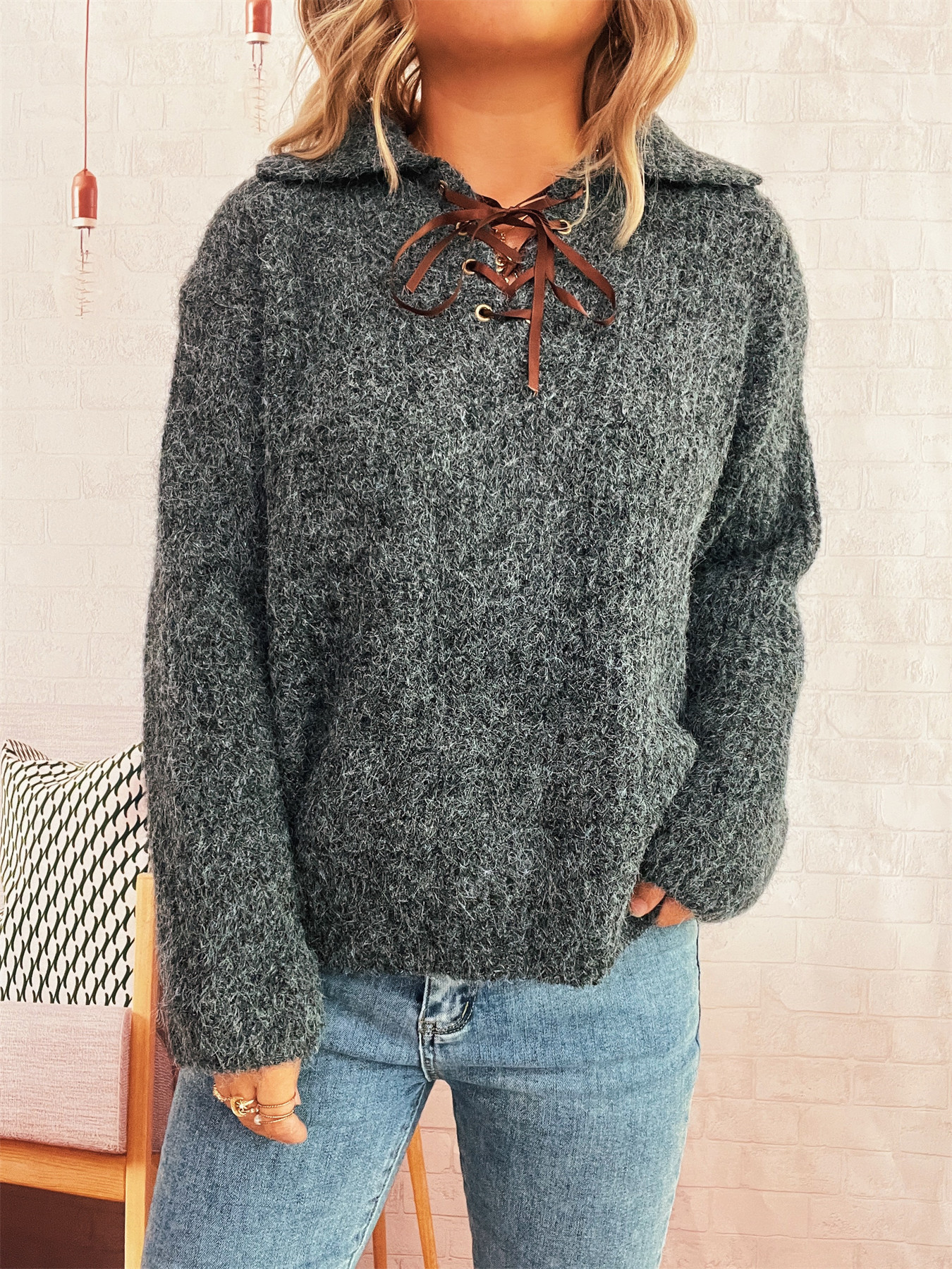 Simple Commute Lapel Tied Knitted Pullover Solid Color Loose Sweater