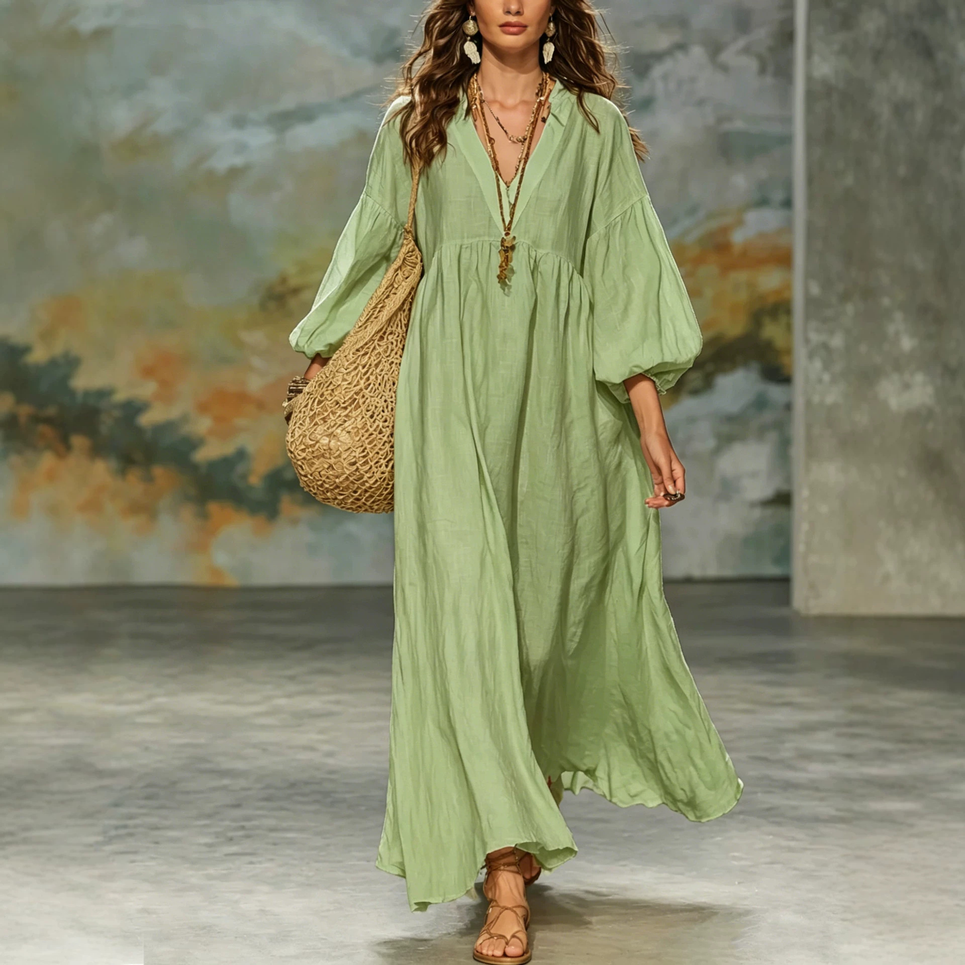 Deep-V Lantern-sleeve Loose-fit Flared Dress
