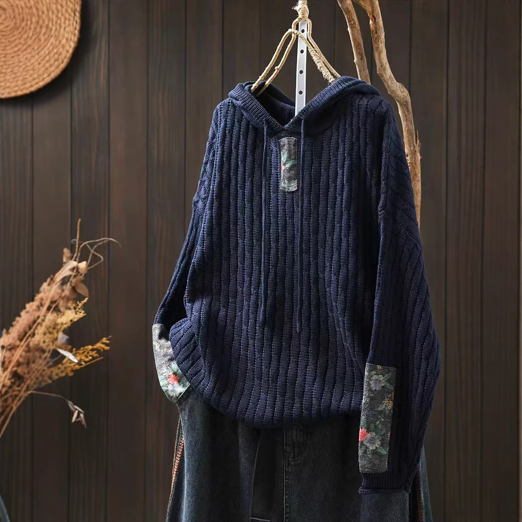 Womens Ethnic-Style Loose-Fit Oversized Sweater With Drawstring Hood