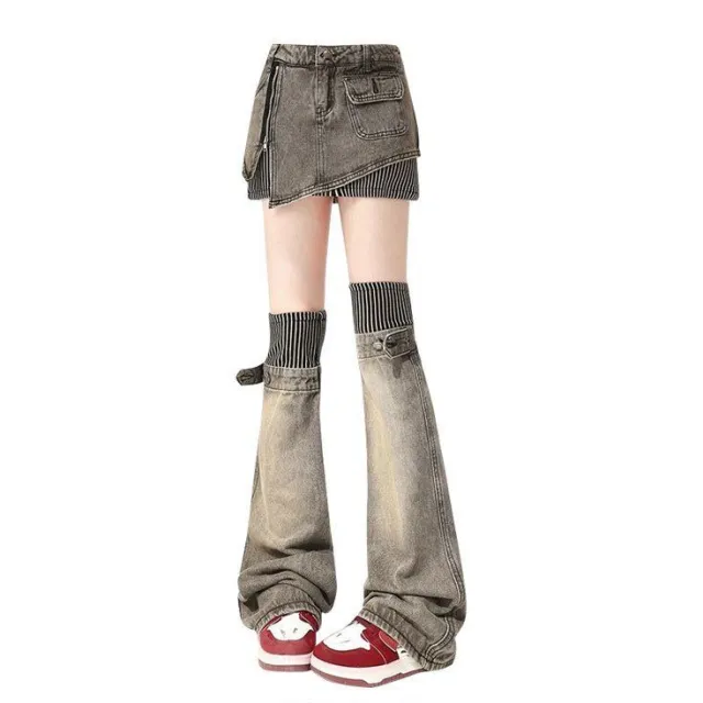 Washed out Vintage Vintage Color Stitching Denim Skirt Slimming Leg Warmer Two piece Set Nostalgia - Shop at LoveMi