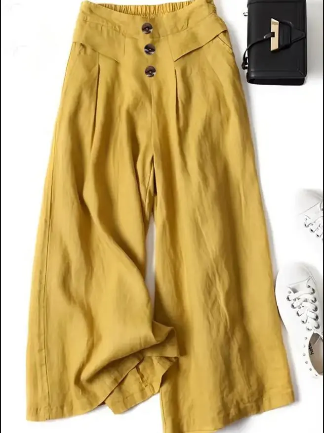 Women's Cotton And Linen Wide-leg Pants Draping Loose Half Elastic High Waist Slimming - Sunflower