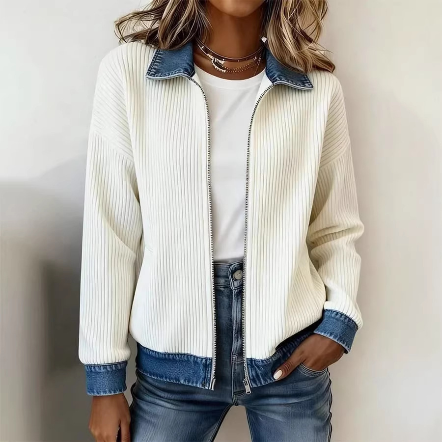 Knitted Patchwork Denim Shirt Womens Cardigan Coat
