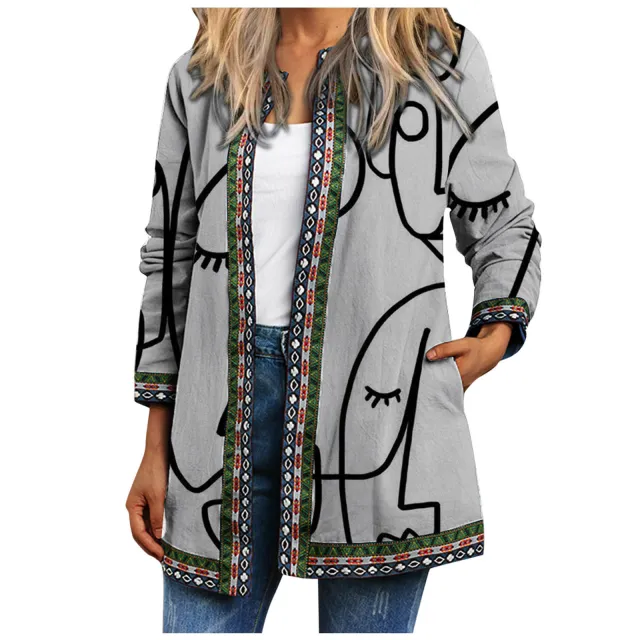 Women's Printed Long sleeved Coat Cardigan Face Abstract Xxl - Shop at LoveMi