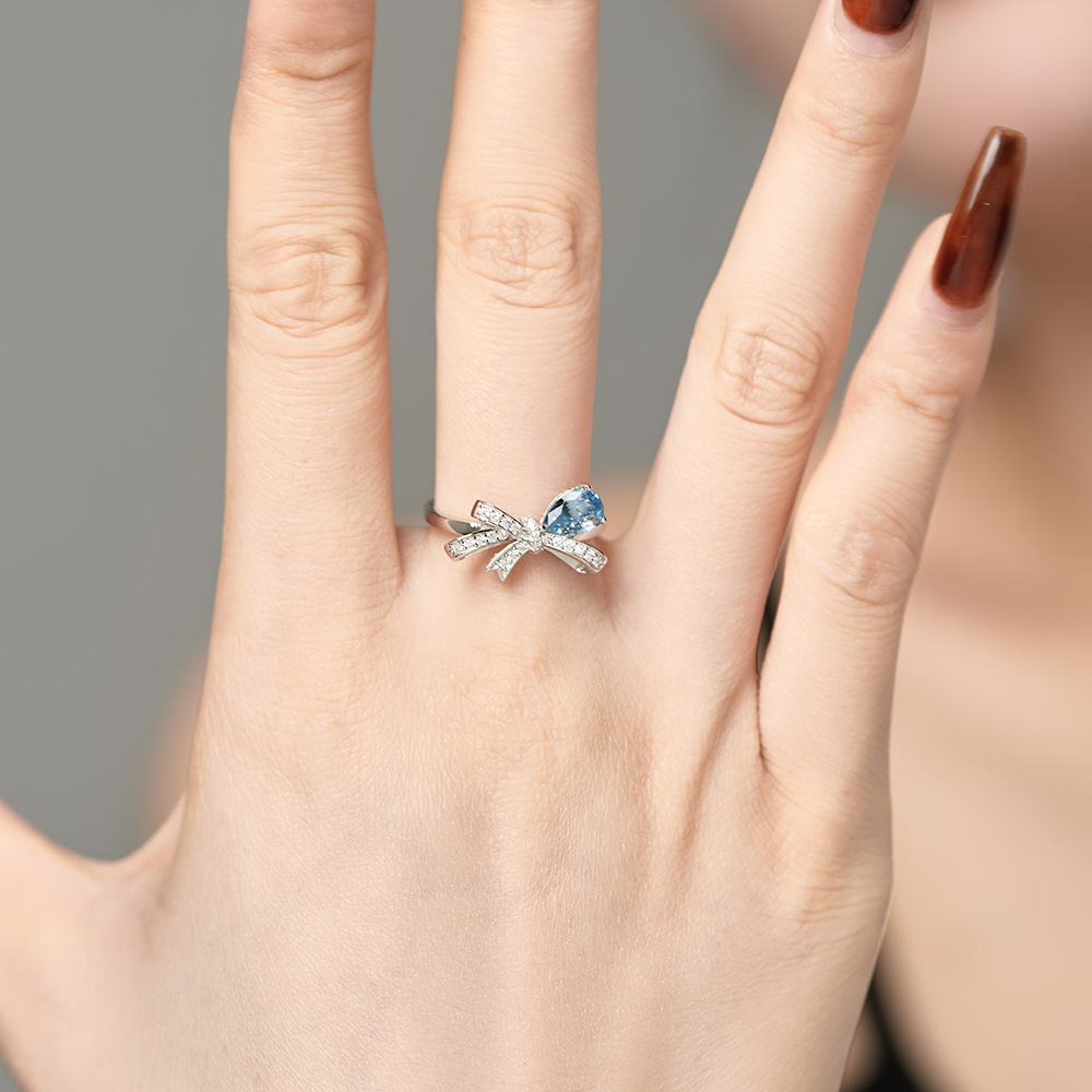 Sterling Silver Closed Water Drop Zircon Inlaid Bow Ring