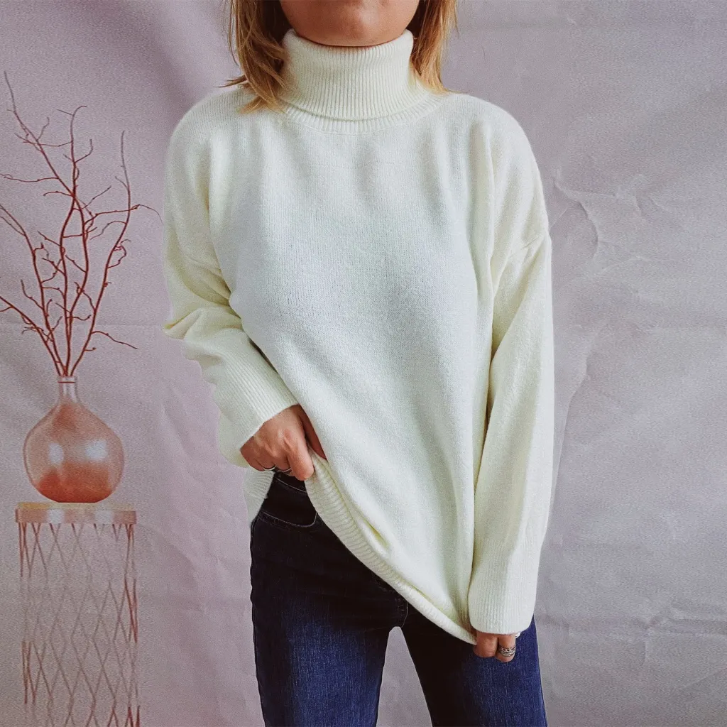 Top Solid Colour Turtleneck Long Sleeve Sweaters Pullover Women - White
