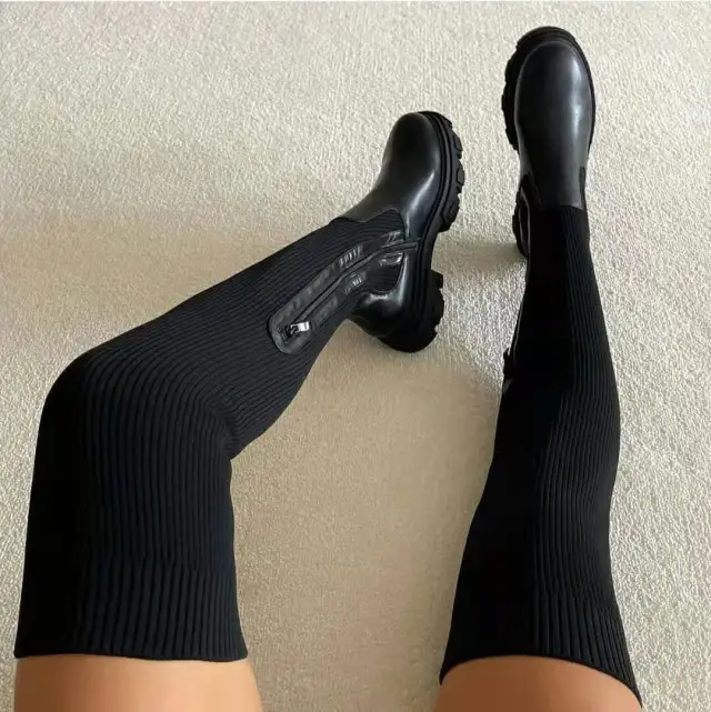 Autumn And Winter Thick Bottom Round Head Knitted Stitching Women's Over the knee Boots Black - Shop at LoveMi
