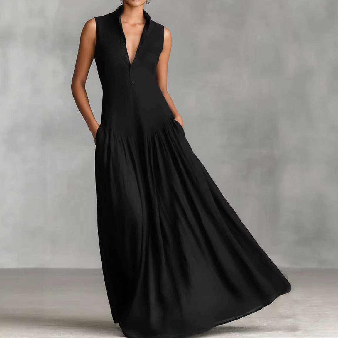Slim-fit V-neck Long Sleeveless Dress