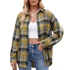 Casual Fashion Street Loose Plaid Shirt For Women - Yellow - View 1