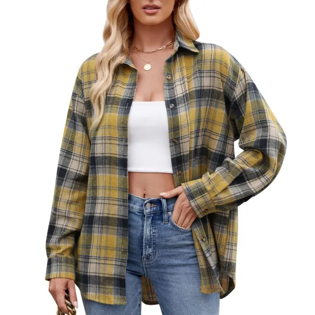 Casual Fashion Street Loose Plaid Shirt For Women Yellow - Shop at LoveMi