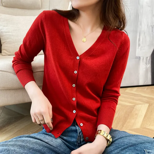 Cardigan V neck Sweater Loose Bottoming Sweater Red - Shop at LoveMi