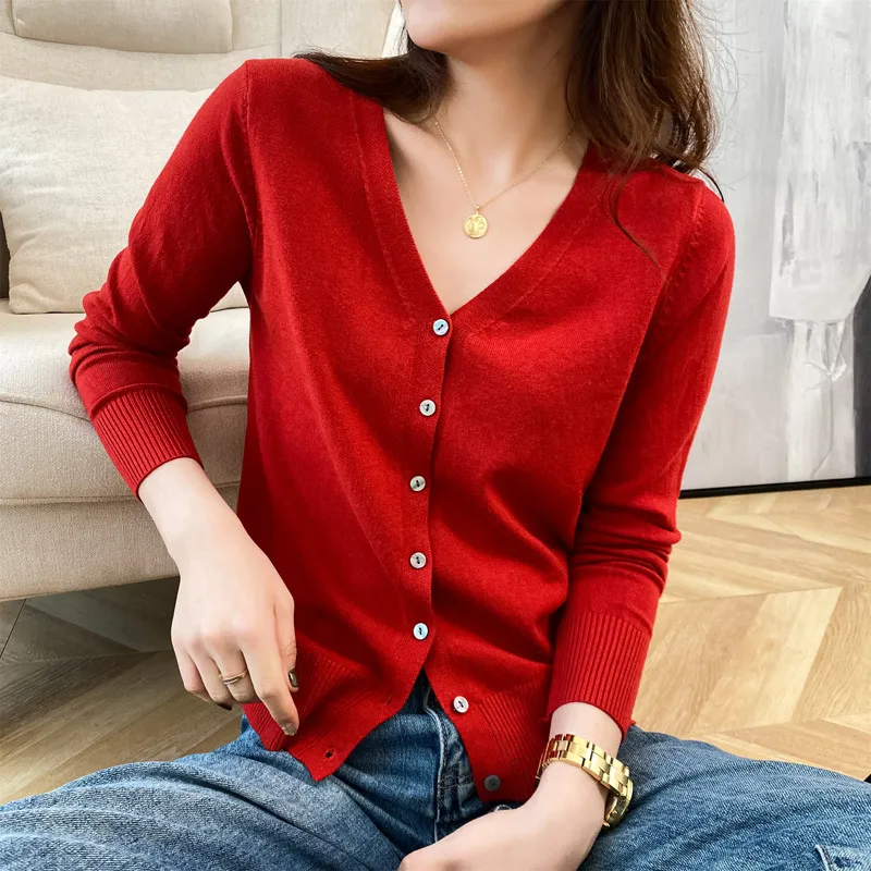 Cardigan V-neck Sweater Loose Bottoming Sweater - Red