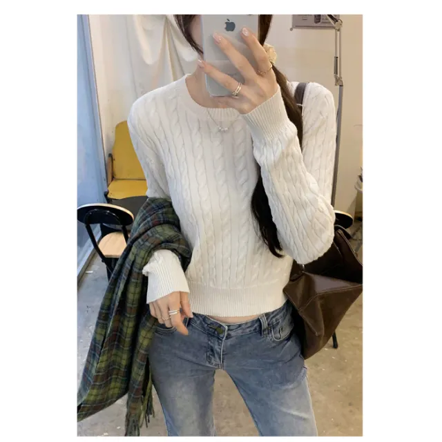 Ladies' Loose Twisted Round Neck Solid Color Sweater White - Shop at LoveMi