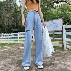 Women's Wide-leg Jeans Light Colour - Ripped Trousers - View 1