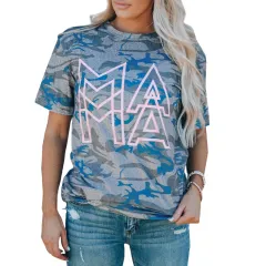 Mother's Day T-shirt Women's Camouflage Pattern Short-sleeved Top - Green - View 1