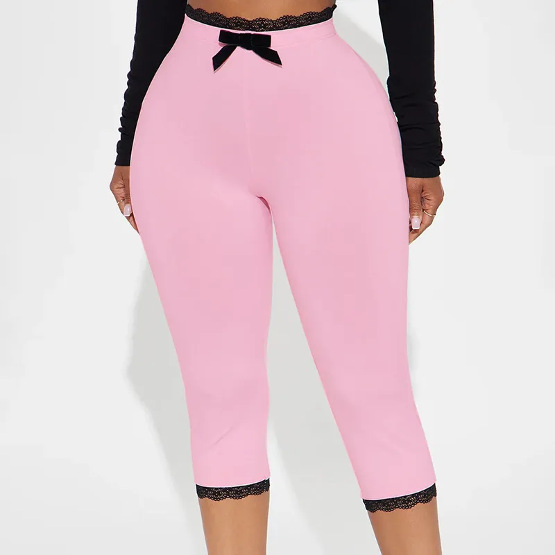 Sexy Lace Leopard Print Cropped Tight Straight-leg Pants - Pink