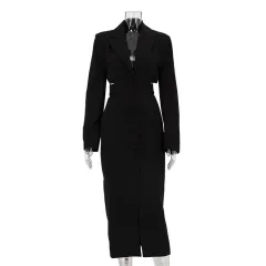 Hollow-out Midriff Single-breasted Long Sleeve Business Suit And Dress - Black - View 1