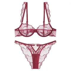 French Ultra-thin Pure And Seductive Embroidered Lace Lingerie Set - Wine - View 1