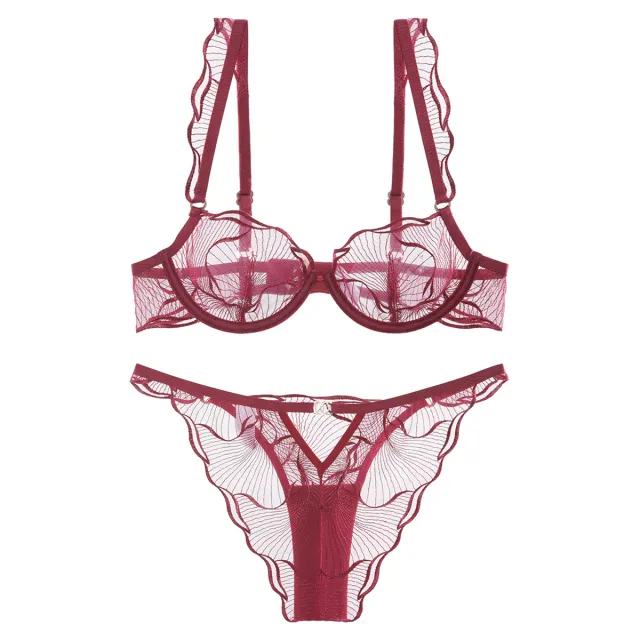 French Ultra thin Pure And Seductive Embroidered Lace Lingerie Set Wine - Shop at LoveMi