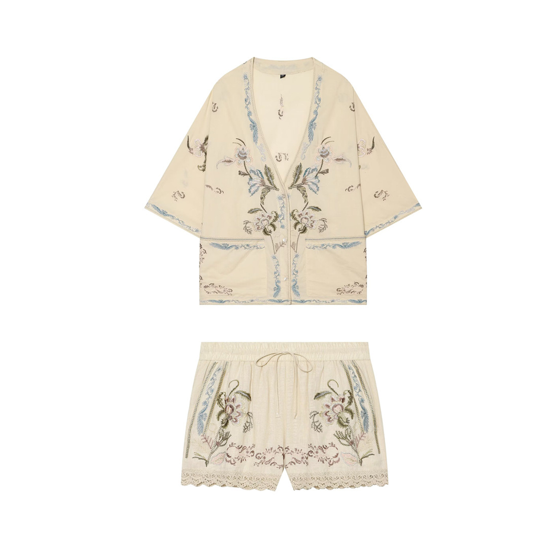 Versatile Casual Top And Drawstring-waist Embroidered Shorts Set — image 1