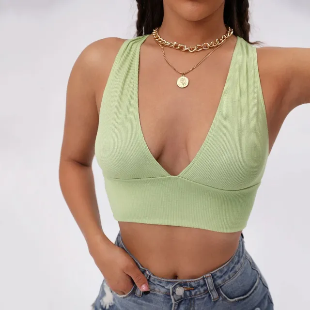 Solid Color And V neck Top Sling All match Vest Green - Shop at LoveMi